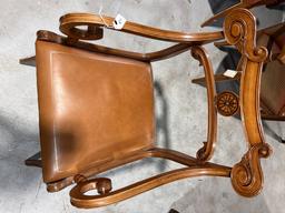 Cherrywood and Leather Arm Chair Carved Wood