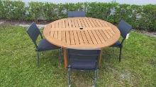BRAND NEW OUTDOOR 100% FSC TEAK FINISH SOLID WOOD 59" TABLE WITH 4 RECYCLED ALUMINUM STACKING GREY C