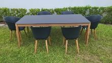 BRAND NEW 84â€� x 40â€� Hard Wood Dining Table with Polypropylene All weather Top and (6) Recycled R