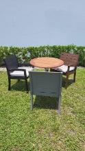 BRAND NEW OUTDOOR 100% FSC Solid Wood Round 31.5 Table with Aluminum Base -3 Multi-Colored Hardwood