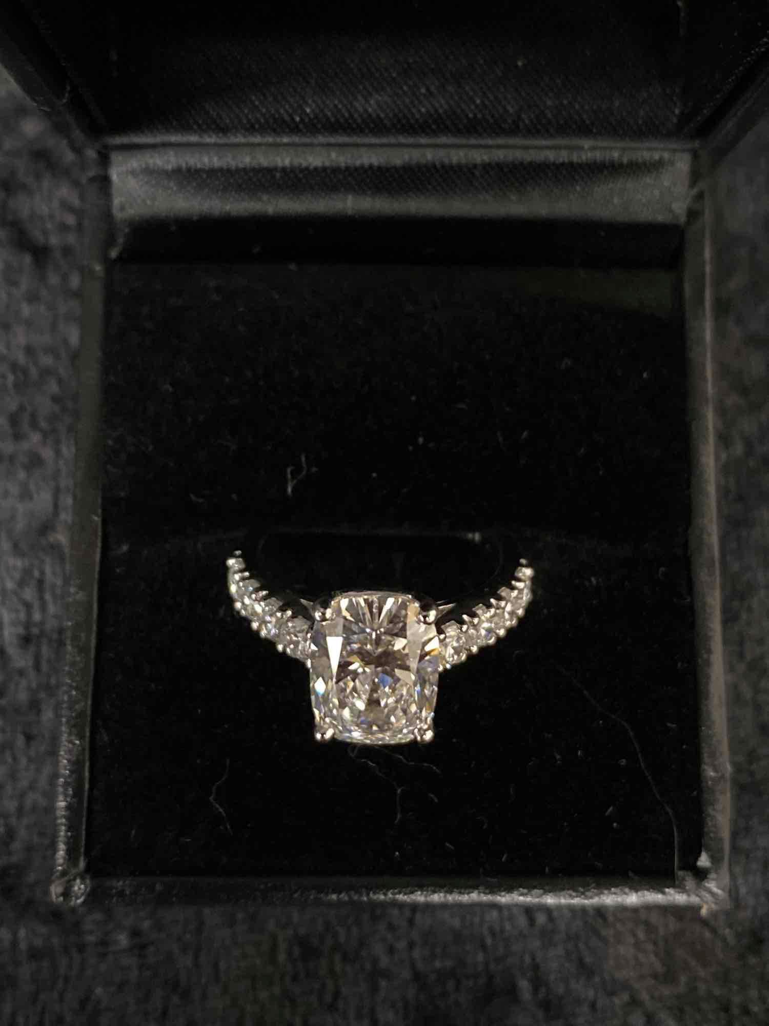 One Cushion CVD Diamond 3.05ct Set, 14k White Gold Complimented by 8 Round Diamonds (Lab Created)