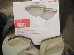 FLUSH MOUNT CEILING LIGHT FIXTURES, SUMP PUMP, (4) UNDERGROUND VALVE BOXES W/ COVERS, & ASSORTED