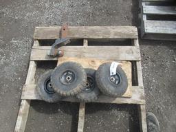 (4) 4.10/3.50-4 TIRES ON WHEELS & TRAILER HITCH INSERT