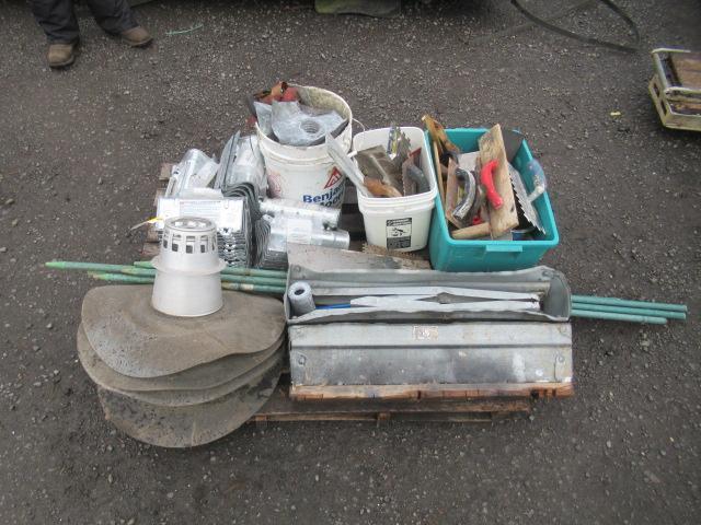 APPROX (35) CEMENT FOUNDATION PLATES, & ASSORTED CONCRETE/CEMENT HAND TOOLS