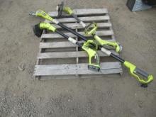 CORDED 8'' POLE SAW, (2) 18V ELECTRIC WEED EATERS *RUNNING CONDITION UNKNOWN, & (3) ASSORTED RYOBI