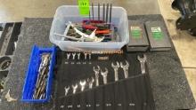 ASSORTED DRILL BITS, WRENCHES, SCREWDRIVERS