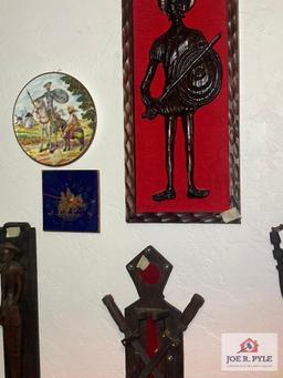 Wall group thirteen pieces Don Quixote pictures, plaques, carvings, etc