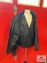 Vintage Harley Davidson black leather jacket and vest on store display