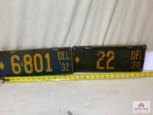 1932 "Delaware 6-801 & 1930 "Delaware 22 Metal License Plates