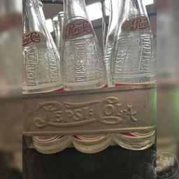 6 PEPSI-COLA BOTTLES AND DOUBLE DOT PEPSI-COLA CARRIER