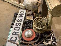 A PALLET OF, OLD SIGNS, ANTIQUE SCALE, HUB CAP, ICE