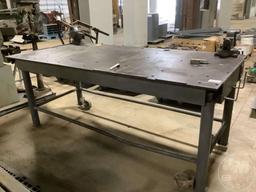 HEAVY DUTY STEEL WORK BENCH 4X8 ON CASTERS, HAS 2