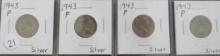 (4) 1943-P- Silver Jefferson Nickels