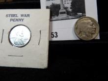 1943 P Steel World War II Cent, high grade; & 1929 D Buffalo Nickel.