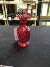 vintage Fenton, cranberry glass pinched vase