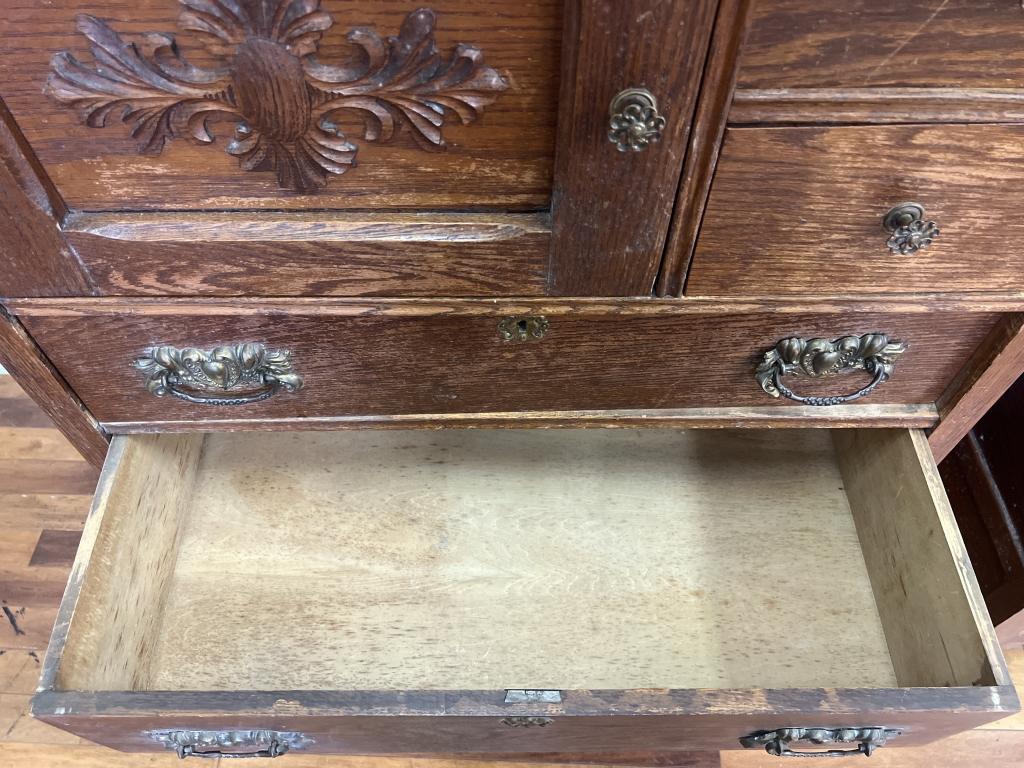 Antique Oak Highboy Dresser with Beveled Mirror