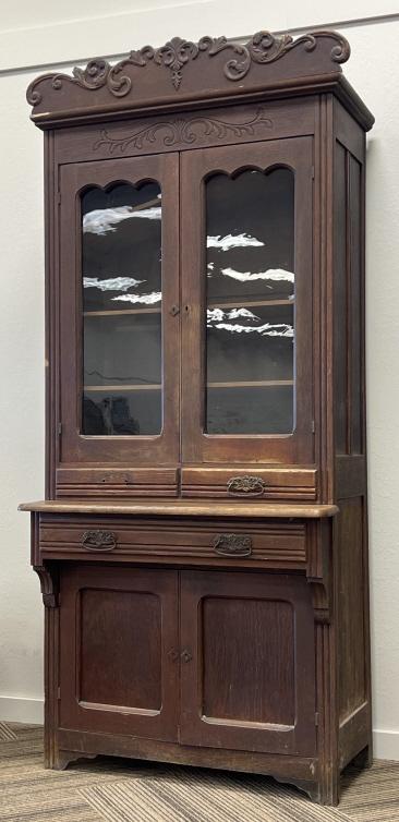 Antique Oak Cabinet with Wavy Glass Doors