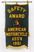 1951 AMA Green Felt Motorcycle Saftey Award Banner