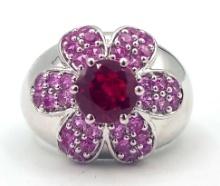 Sterling 4.66ct Ruby & Pink Sapphire Flower Ring