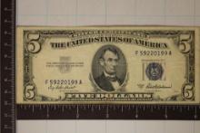 1953-A US $5 BLUE SEAL SILVER CERTIFICATE NOTE