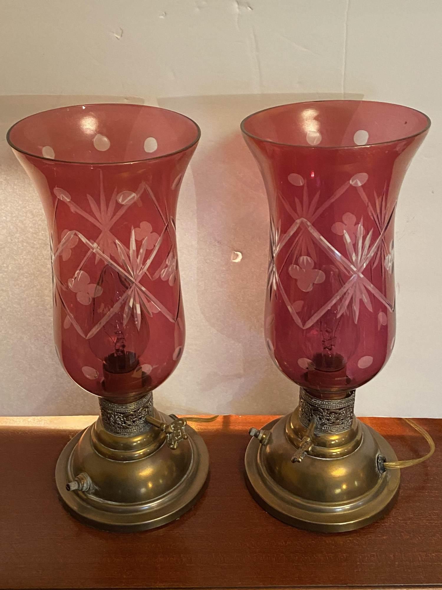 PAIR OF RED CUT TO CLEAR TABLE LAMPS