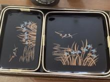 THREE BLACK LACQUER SERVING TRAYS