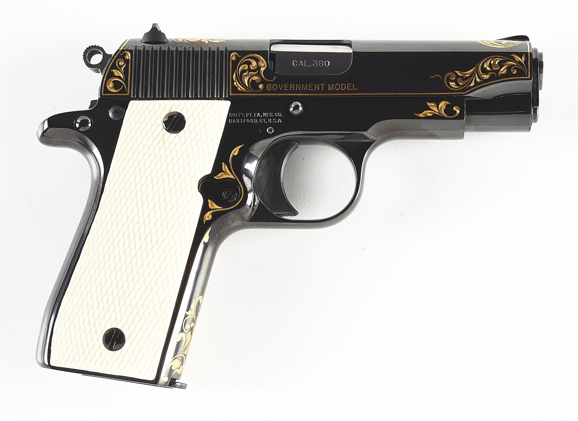 (M) COLT MK IV SERIES 80 GOVERNMENT SEMI-AUTOMATIC PISTOL WITH BLUED FINISH AND GOLD LEAF SCROLL WOR