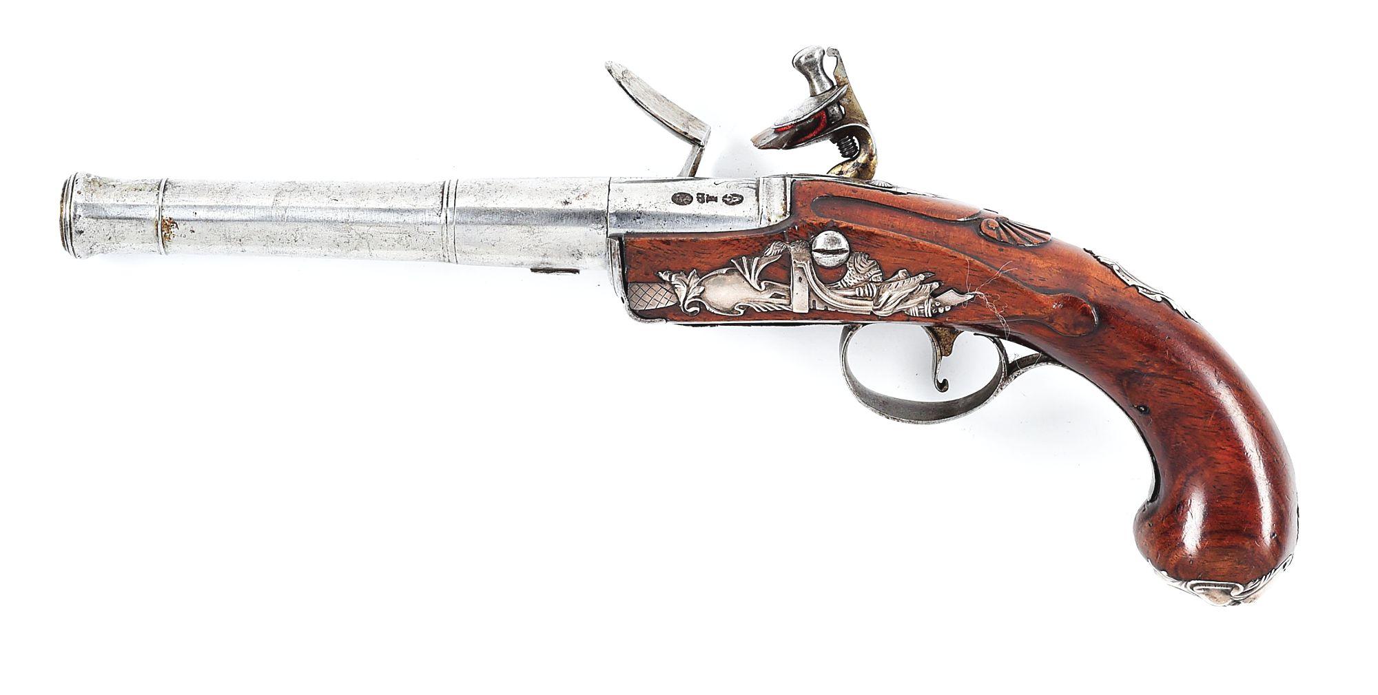 (A) FINE ENGLISH SILVER MOUNTED QUEEN ANNE FLINTLOCK OFFICER'S PISTOL BY ISAAC SMITH.