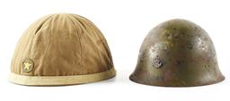 LOT OF 2: JAPANESE WWII ARMY HELMET WITH COVER AND JAPANESE NAVY HELMET.