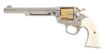 (C) CATTLE BRAND ENGRAVED COLT BISLEY SINGLE ACTION REVOLVER, NICKEL FINISHED WITH GOLD CYLINDER AND