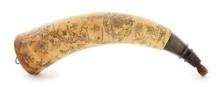 EXTREMELY FINE PROFESSIONALLY ENGRAVED POLYCHROMED FRENCH AND INDIAN WAR NEW YORK MAP POWDER HORN AT