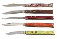 LOT OF 5: VARIOUS BRAND FISHTAIL AUTOMATIC KNIVES.