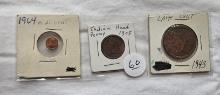 3 - Coins - 1843 Large Cent & 1905 Indian Head Cent & 1964 Mini Cent