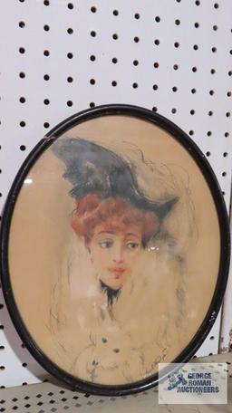 Antique framed artwork of woman with dog. From Jewhurst...Art Store, Youngstown, Ohio