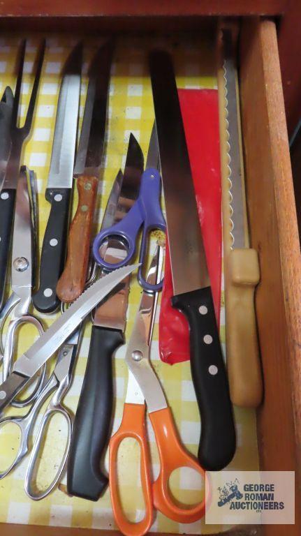 Assorted kitchen knives, scissors and other utensils