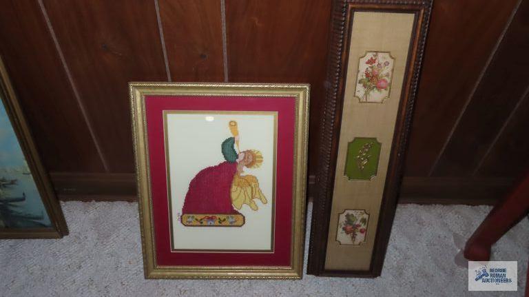 Framed angel needlepoint and other print