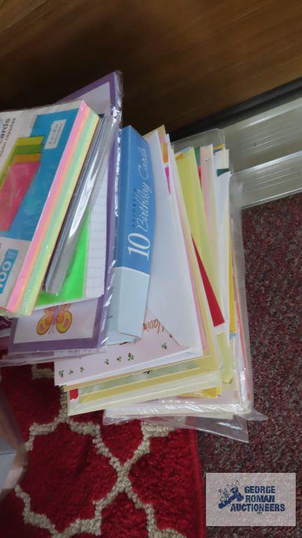 assorted cards, index cards, tape, envelopes and etc