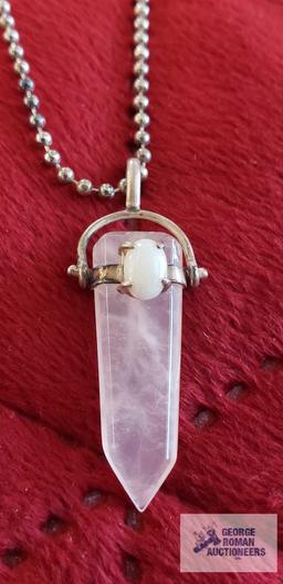Pink stone necklace with iridescent stone on silver colored bead like chain, marked 925 Italy,