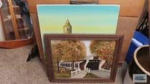 Oil on canvas pictures, one of barn and one of bridge