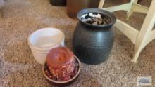Brown ceramic crock, Roseville crock and brown bowl with candle