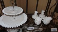 Milk glass two tiered cookie tray, creamer and sugar, and candle holders