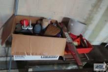 Wooden sofa table, painting supplies and spray cans