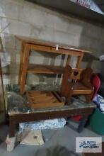 Wooden work table, children's bench, and sofa table