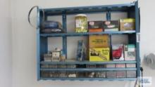 Assorted hardware on blue wall shelf, shelf NOT included