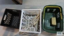 Plastic basket and two plastic crates with extension cord