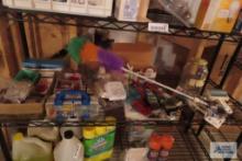 Shelf lot of miscellaneous, including drawer of screws. Paint brushes. Outlets. Rollers. Hooks and