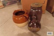 Brown and white bean pot, no lid. Brown crock with lid. Pottery jug.