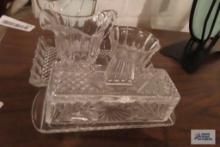 Glass creamer and sugar on tray. Glass butter dish.