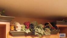 Lot of artificial grapes, cat figurine, basket and etc