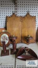 Assortment of wood items, including candle holders, divided candy dish and plaques